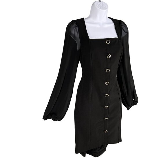 Shelli Segal Laundry Womens 6 NWT Black Dress Sheer Sleeves Deco Button Cocktail - Picture 4 of 16